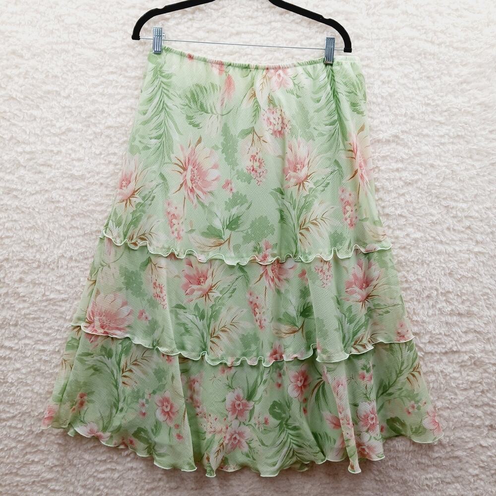 Skirt Midi Mint Pink Lined Dahlia Fern Tier Ruffle Floral Cottage Fairy Size 16